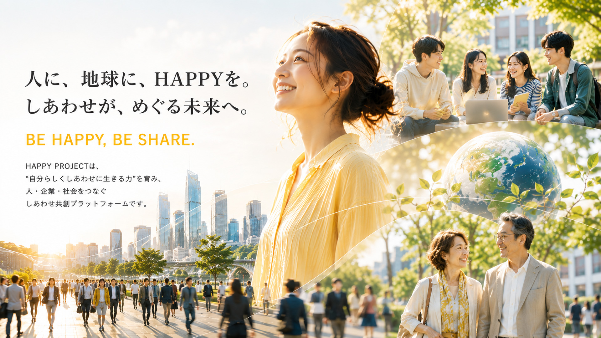 人に、地球に、HAPPYを。 しあわせが、めぐる未来へ。BE HAPPY, BE SHARE.　HAPPY PROJECTは、 “自分らしくしあわせに生きる力”を育み、 人・企業・社会をつなぐ しあわせ共創プラットフォームです。